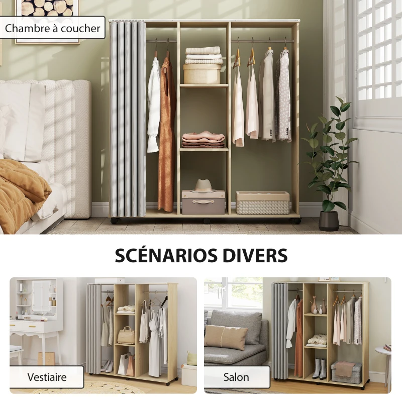 HOMCOM Armoire penderie Meuble de Rangement Mobile 6 roulettes 120L x 40l x 128H cm en bois naturel