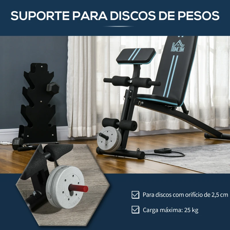 HOMCOM Banco de Musculação com Encosto Ajustável em 7 Posições Extensão de Pernas e Banda de Resistência 54x160x106cm Preto e Azul