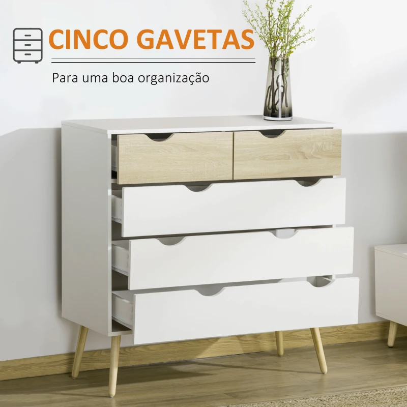 HOMCOM Cómoda com 5 Gavetas Cómoda de Quarto com Pés de Madeira Estilo Nórdico 99x39x101 cm Branco e Carvalho