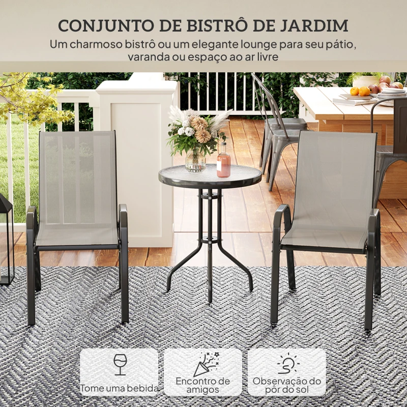 Outsunny Conjunto de Jardim de 3 Peças com Mesa Redonda Tampo de Vidro e Cadeiras Empilháveis para Exteriores Cinzento Claro