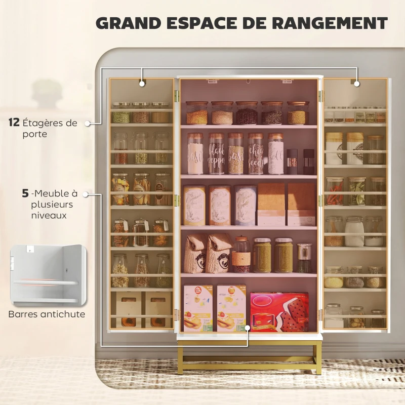 HOMCOM Armoire de cuisine meuble cuisine rangement avec 12 étagères à portes, étagères ajustables, 58x29x119,5cm, blanc