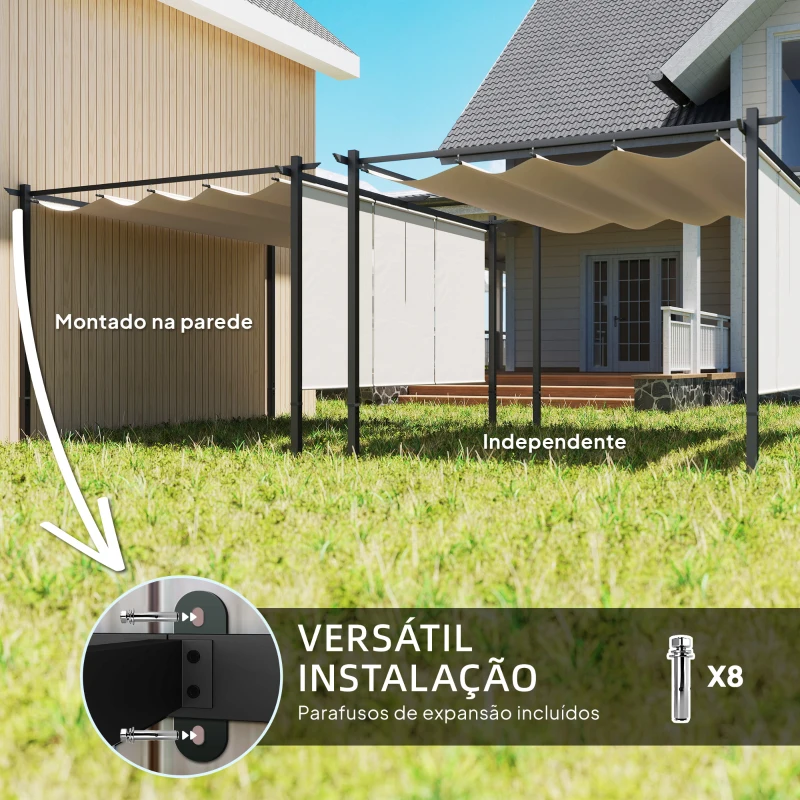 Outsunny Pérgola com Teto Retrátil de 390x293x220 cm Pérgola de Parede ou Independente com Lados Enroláveis Proteção UV30+ Bege