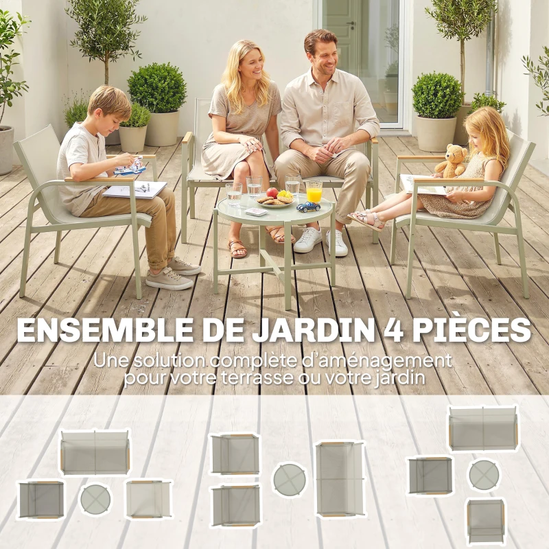 Outsunny Salon de Jardin Ensemble de Terrasse avec Canapé 2 Places, 2 Fauteuils et Table Basse en Verre Trempé 4 Pièces Vert