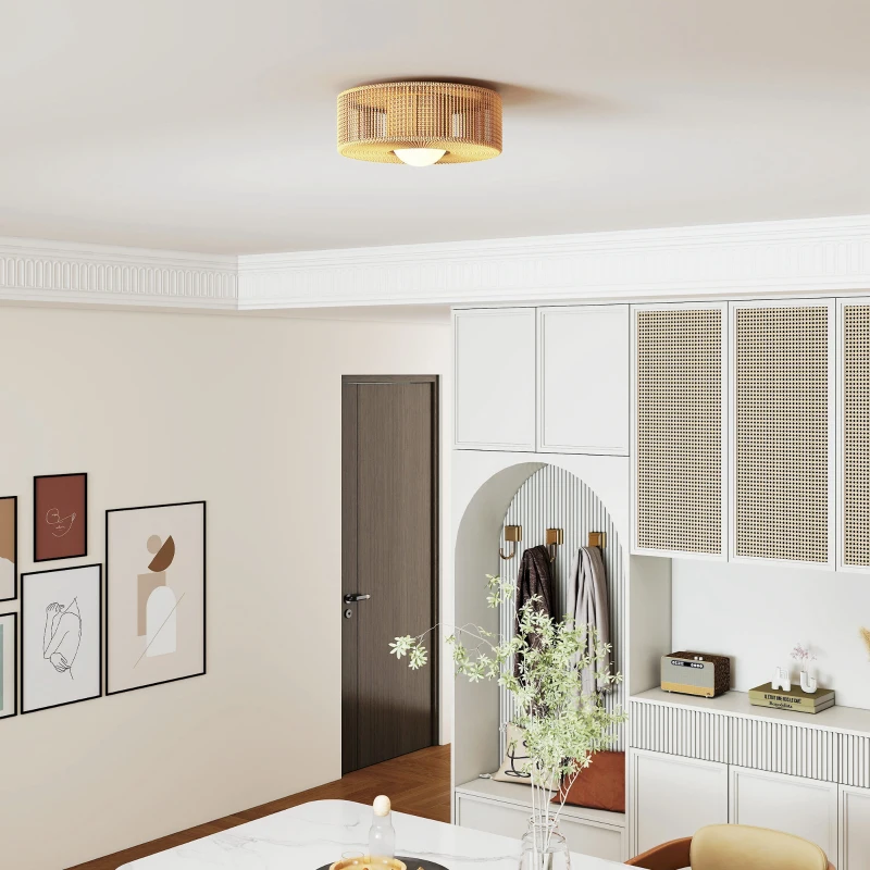 HOMCOM Candeeiro de Teto com Lâmpada LED G9 20W 3000 K Candeeiro de Teto Boémio com Ecrã de Corda de Linho Ø30x16 cm Castanho Claro