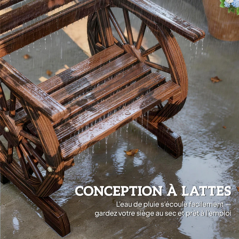 Outsunny Chaise de Jardin en Bois, Style Roue de Chariot, Siège Large à Lattes, Dossier Incliné, 66x55x90cm, Finition Carbonisée