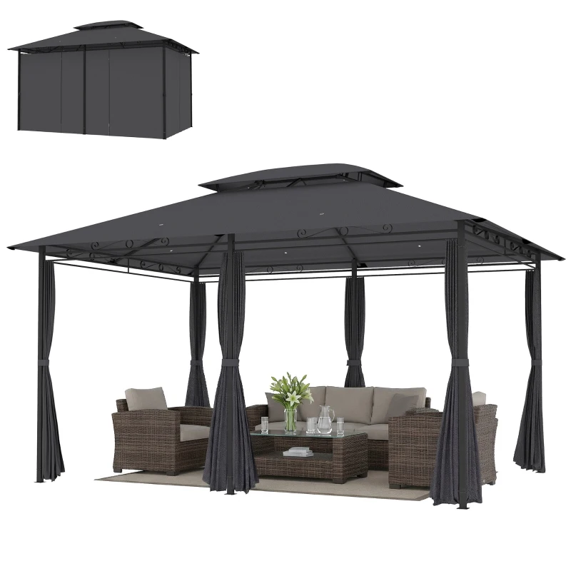 Outsunny Pérgola de Jardim 3x4 m com Teto Duplo 6 Paredes Laterais Estrutura Metálica Drenagem Pérgola para Exterior  Cinzento