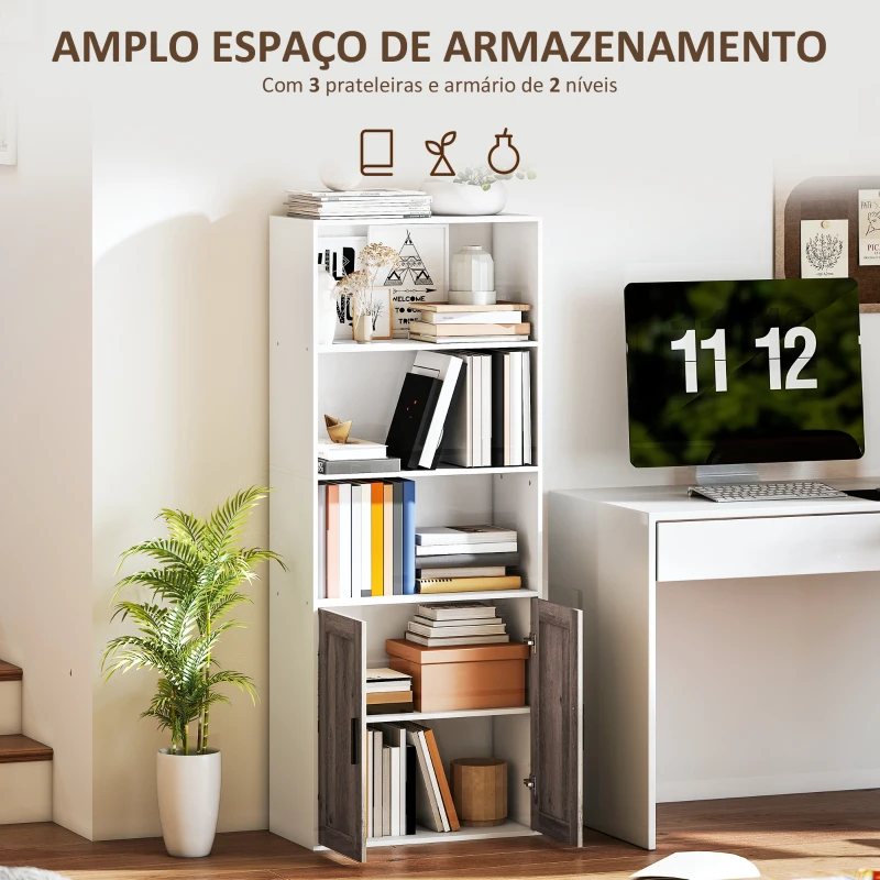 HOMCOM Estante para Livros Estreita Estante com Armário com Prateleira Ajustável 60x30x149,5 cm Branco e Castanho