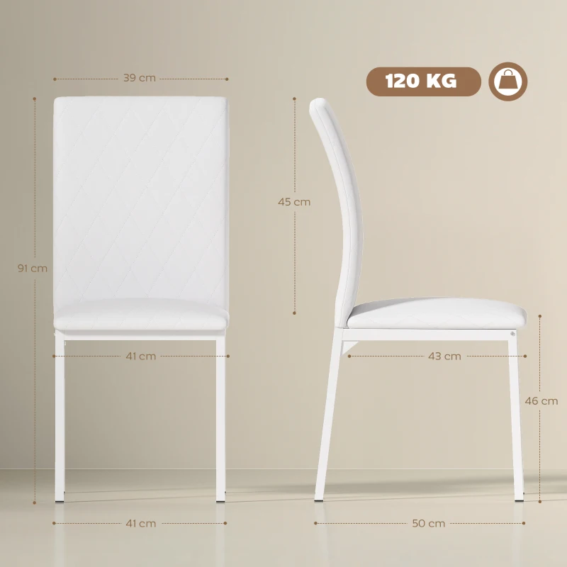 HOMCOM Lot de 4 chaises de salle à manger, chaises de cuisine, capitonnage rhombique et pieds en métal, 41x50x91cm, blanc