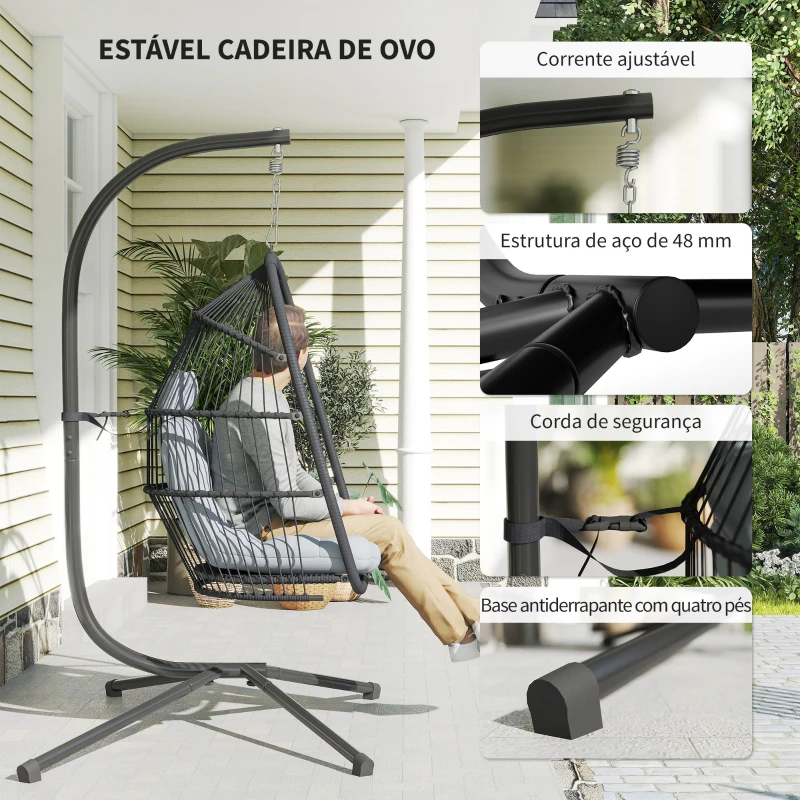 Outsunny Cadeira Suspensa Tipo Ovo com Estrutura, Cesta Dobrável Almofada e Apoio de Cabeça para Interior e Exterior Suporta 150 kg Cinzento
