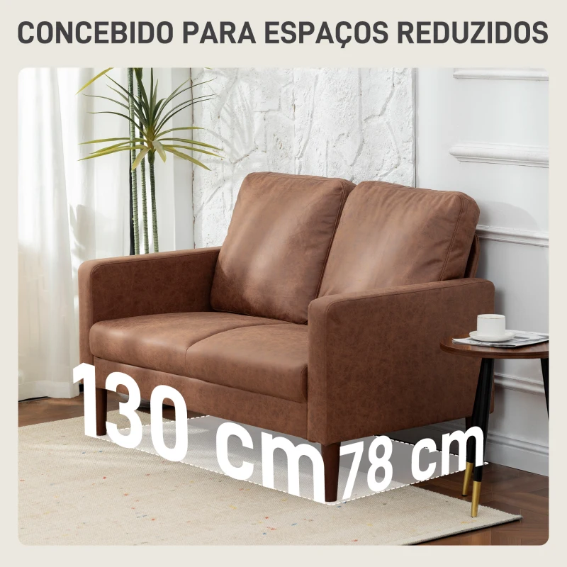 HOMCOM Sofá de 2 Lugares Estofado em Microfibra Sofá Moderno com Pés de Madeira Apoio de Braços 130x78x85 cm Castanho
