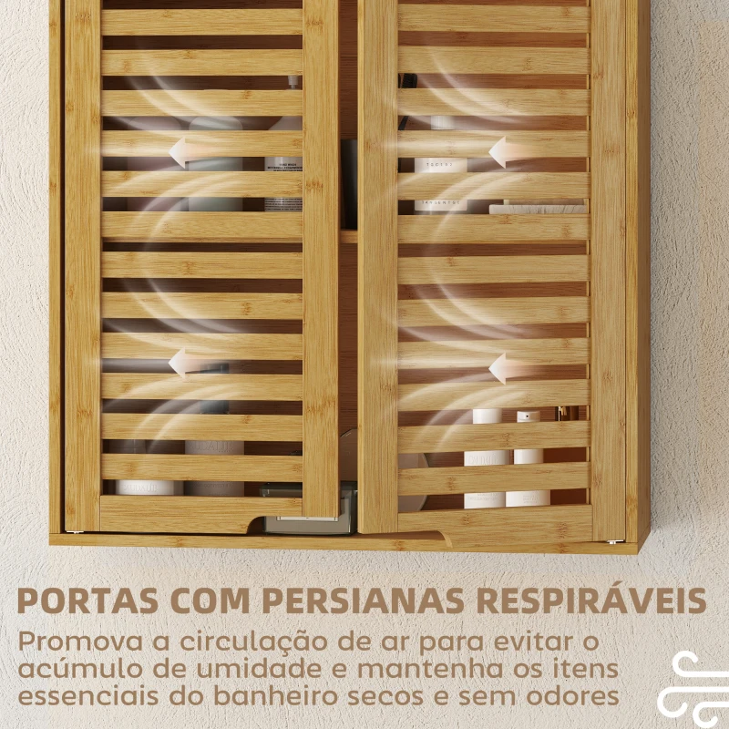 HOMCOM Armário de Parede de Bambu Móvel de Casa de Banho Suspenso com Prateleira Ajustável Portas de Ripas 60x20x60 cm Madeira