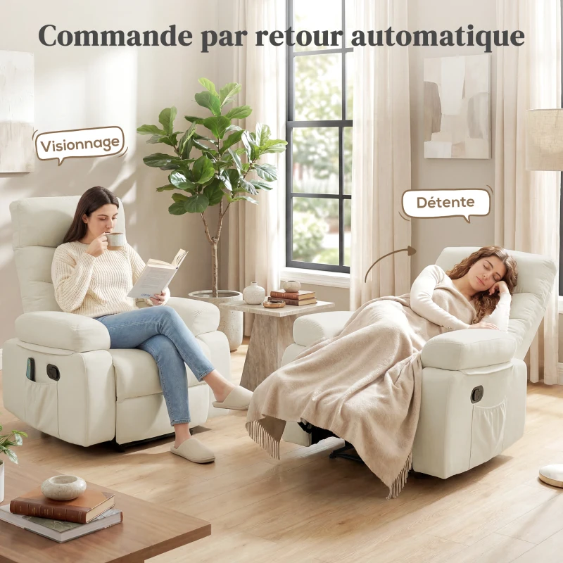 HOMCOM Fauteuil de massage fauteuil relax électrique avec fonction inclinable vibration chauffage, télécommande inclus, crème