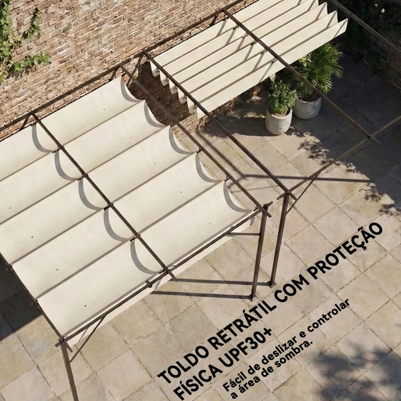 Outsunny Pérgola de Jardim Adossada 3x3 m com Telhado Retrátil Proteção UPF30+ e Drenagem Pérgola de Exterior em Creme