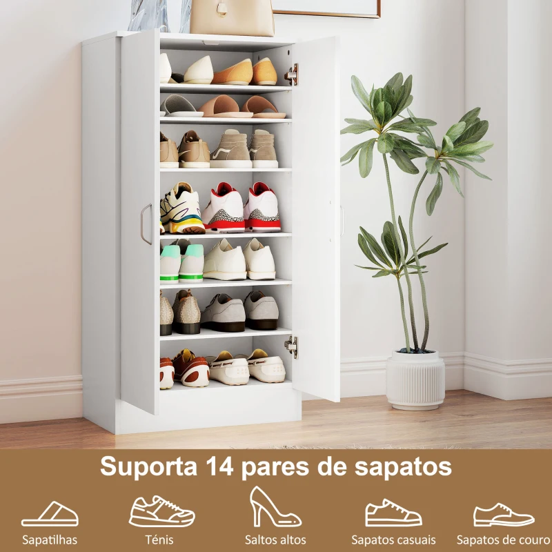 HOMCOM Sapateira de 2 Portas Sapateira para Entrada com 6 Prateleiras Ajustáveis para 14 Pares de Sapatos 55x35x108 cm Branco