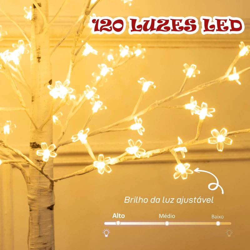 HOMCOM Árvore Cerejeira com 120 Luzes LED IP44 Banco Quente com Luz Ajustável em 3 Modos 21x21x150 cm Branco