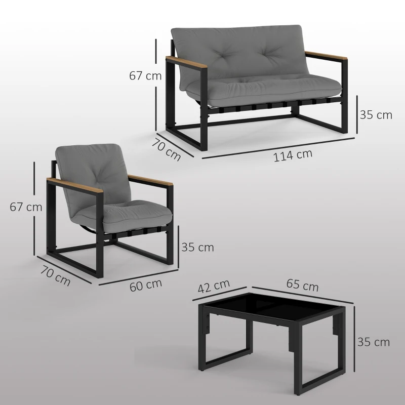 Outsunny Conjunto de Jardim de 4 Peças com 2 Poltronas e 1 Sofá de 2 Lugares com Almofadas e Mesa de Centro Cinzento e Preto