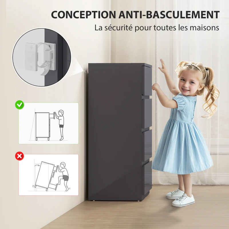 HOMCOM Commode 4 tiroirs, meuble de rangement à haute brillance, fermeture douce et silencieuse, 55 x 34 x 80 cm, gris