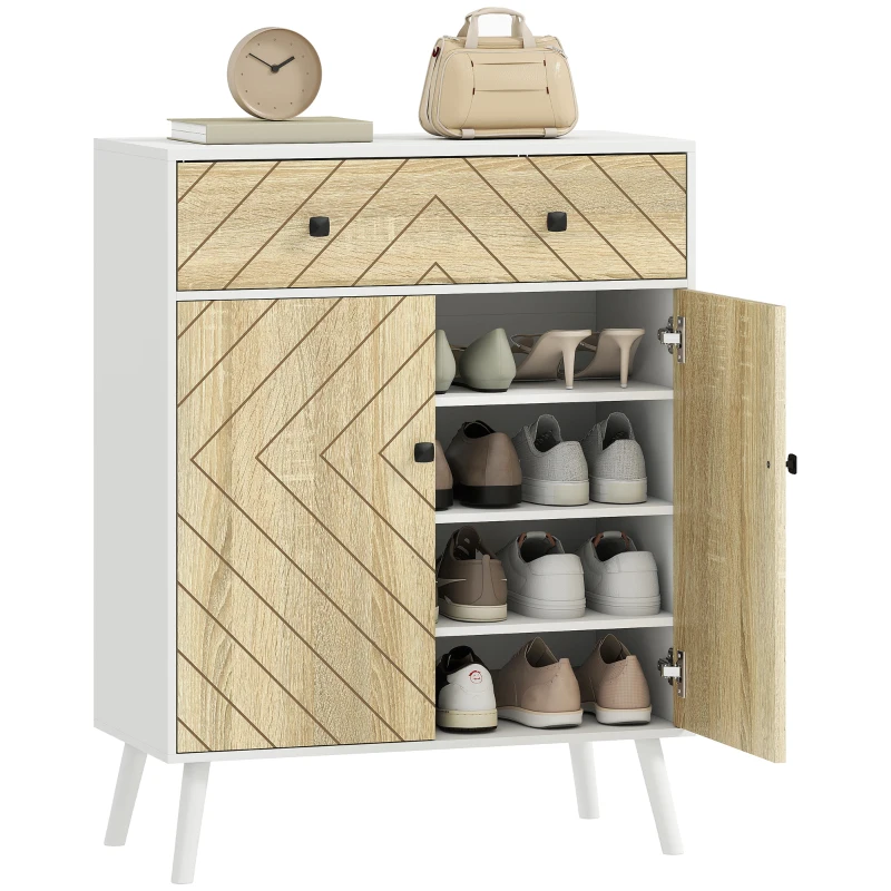 HOMCOM Sapateira de 2 Portas com Design em Espiga Prateleiras Ajustáveis Gaveta para 12 Pares de Sapatos 75x35x97 cm, Branco e Madeira