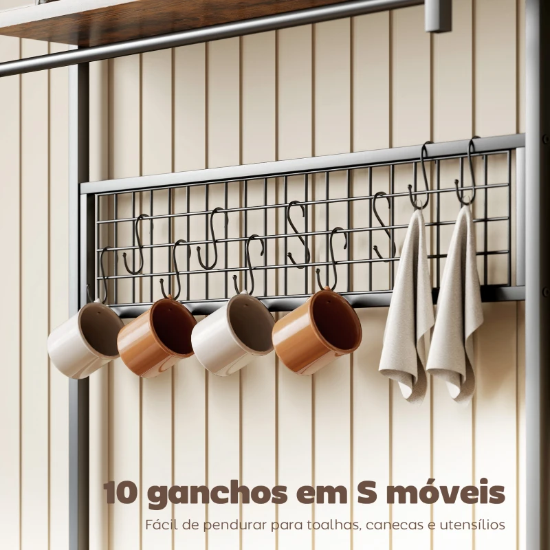 HOMCOM Estante de Cozinha com Três Tomadas e Luzes LED Estilo Industrial com Prateleiras para Micro-ondas 80x42x162 cm Castanho Rústico e Preto