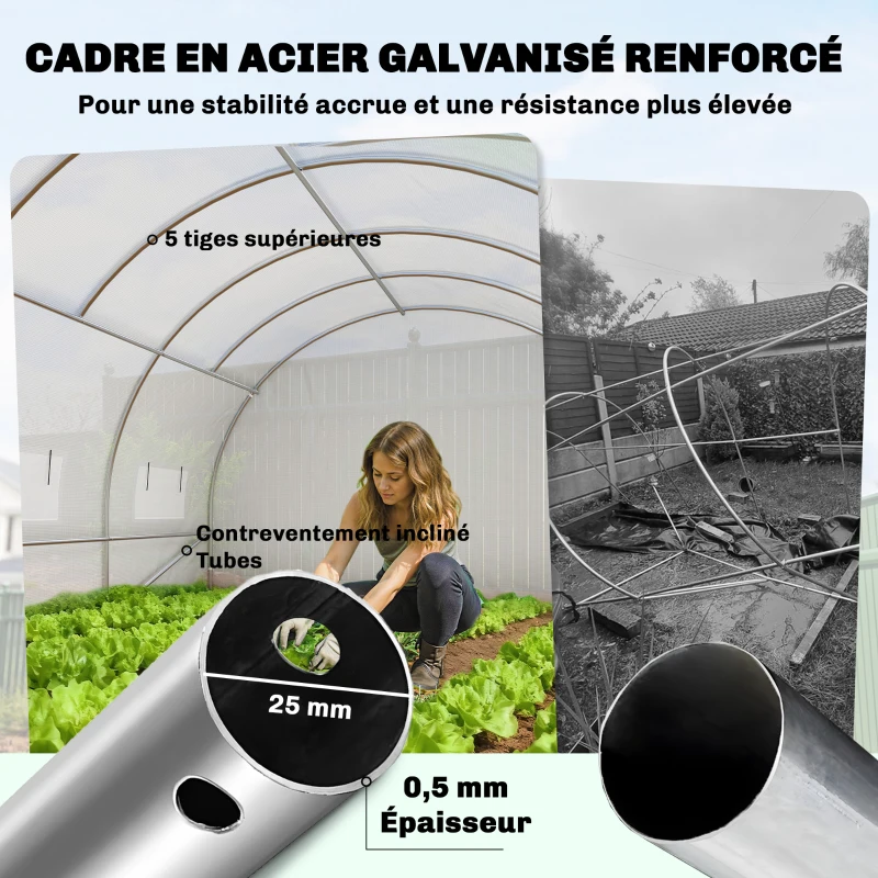Outsunny Serre tunnel de jardin 24m², serre de jardin tunnel avec portes et 12 fenêtres avec moustiquaires, 295x798x199cm, blanc