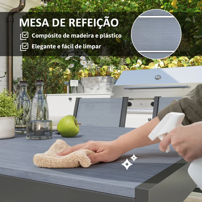 Outsunny Conjunto de Mesa e Cadeiras de Jardim com Cadeiras Empilháveis e Estrutura de Aço para Terraço e Pátio Cinzento Claro