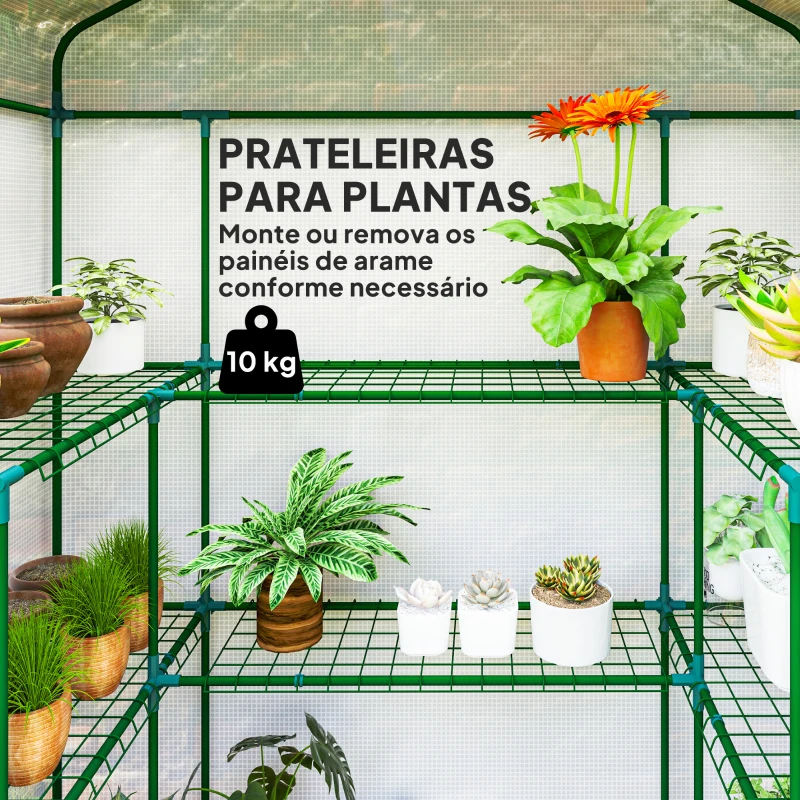 Outsunny Estufa de Jardim com 1 Porta 2 Janelas e Prateleiras de 2 Níveis em Forma de U para Cultivo de Plantas 140x73x190 cm Branco
