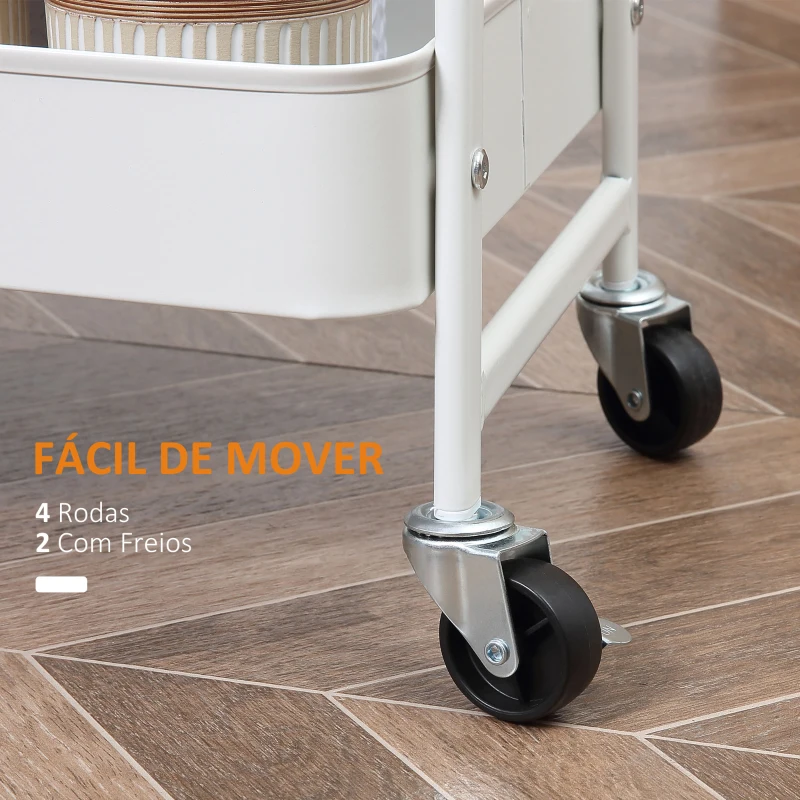 HOMCOM Carrinho Auxiliar com Rodas de 3 Níveis Carrinho de Cozinha com 3 Cestas de Aço e 1 Bancada de Madeira 45x31x79,4 cm Branco