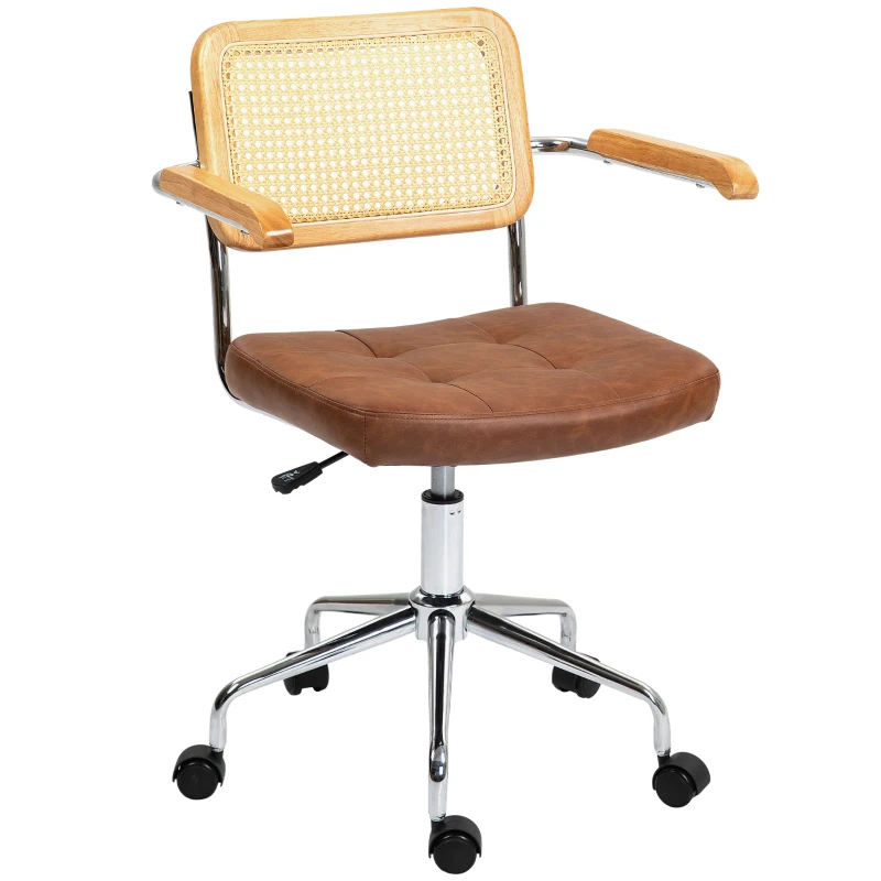 HOMCOM Cadeira de Escritório Giratória com Altura Ajustável Função Basculante e Encosto de Vime Sintético 60x55,5x82-90 cm Marrom