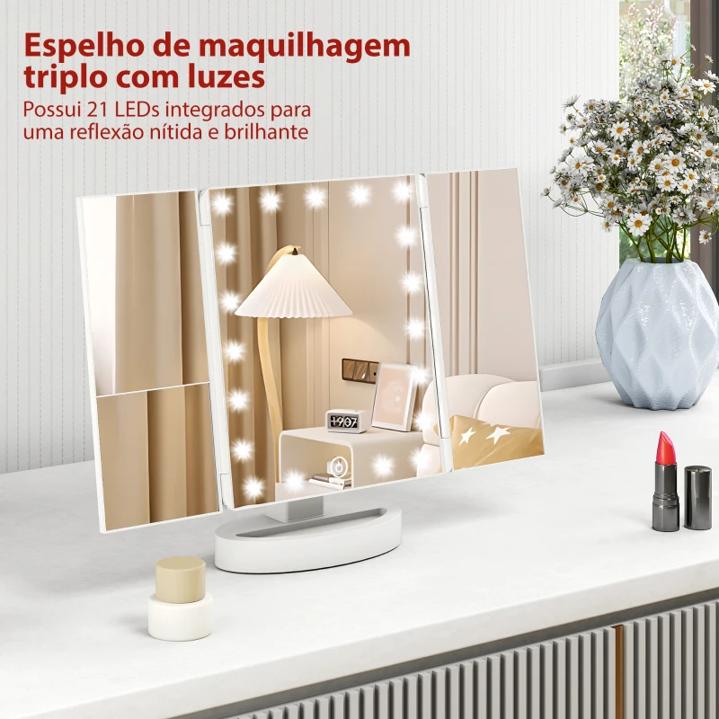HOMCOM Espelho de Maquilhagem com Luz com Aumento 1x/2x/3x Rotação Livre de 180° 21 Luzes LED 28x12x18 cm Branco