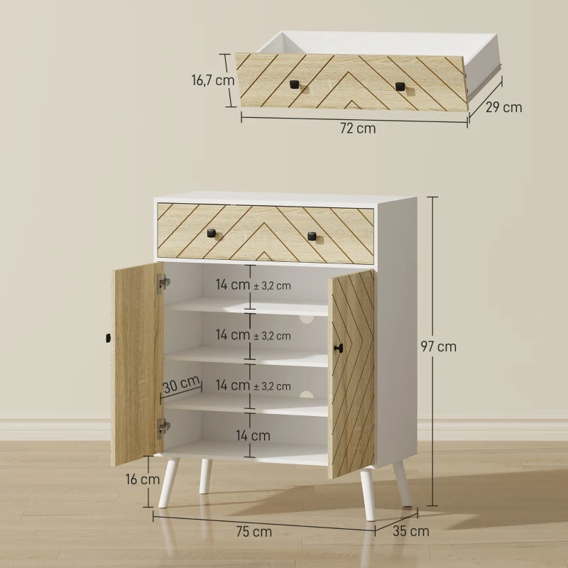 HOMCOM Sapateira de 2 Portas com Design em Espiga Prateleiras Ajustáveis Gaveta para 12 Pares de Sapatos 75x35x97 cm, Branco e Madeira