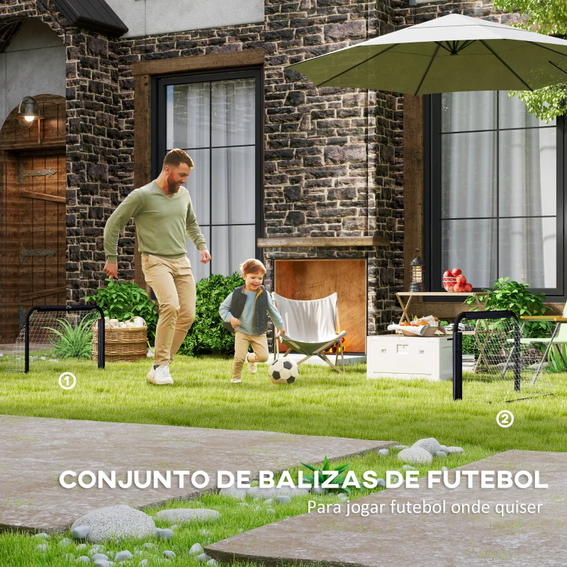HOMCOM Conjunto de 2 Balizas de Futebol Dobráveis Portáteis com Suporte de Metal e Rede para Treino de Futebol 90x36x60 cm Preto