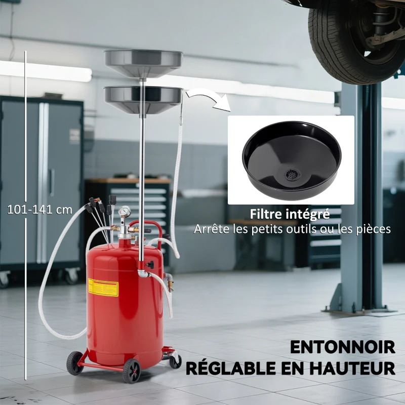 HOMCOM Récupérateur de vidange d'huile usagée 80L, hauteur réglable 101-141 cm, chariot récupération huiles roues poignée rouge