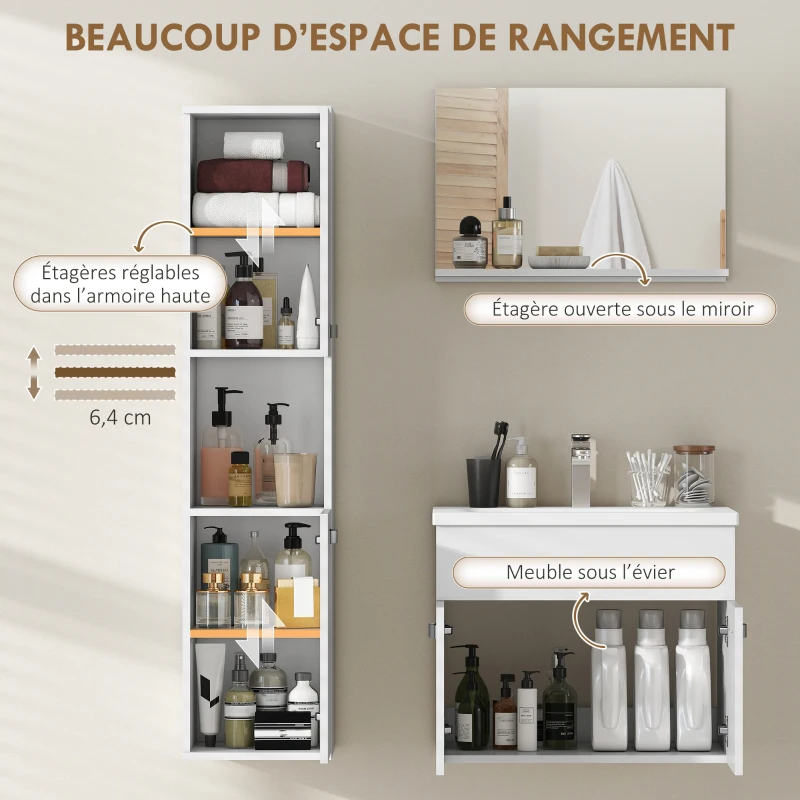 kleankin Ensemble de Meubles de Salle de Bain 4 Pièces, Mural, avec Miroir, Meuble sous Vasque, Lavabo et Armoire Haute, Blanc