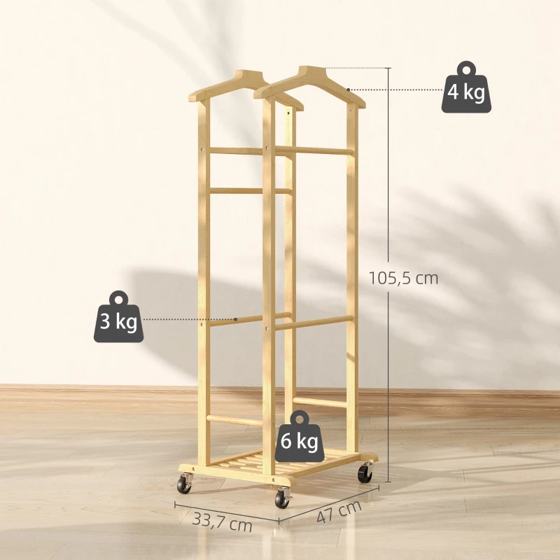 HOMCOM Portant à vêtements sur roulettes, porte-manteaux en bambou, double cintre intégré, 47 x 33,7 x 105,5 cm, bois naturel