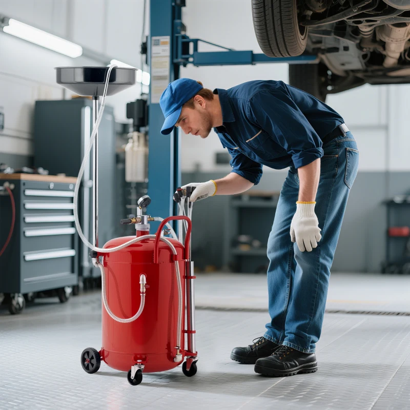 HOMCOM Récupérateur de vidange d'huile usagée 80L, hauteur réglable 101-141 cm, chariot récupération huiles roues poignée rouge
