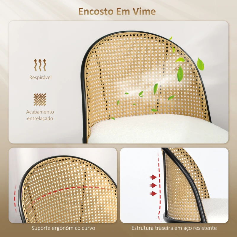 HOMCOM Conjunto de 2 Bancos de Bar Bancos Altos de Cozinha com Encosto de Vime Assento Estofado em Borrego 48x54x102 cm Creme
