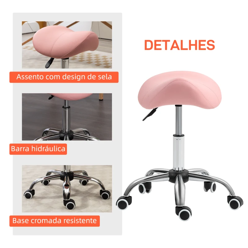 HOMCOM Banco com Rodas Giratório com Altura Ajustável Cosmético Dentista Cabeleireiro 52x53x49-61 cm Rosa