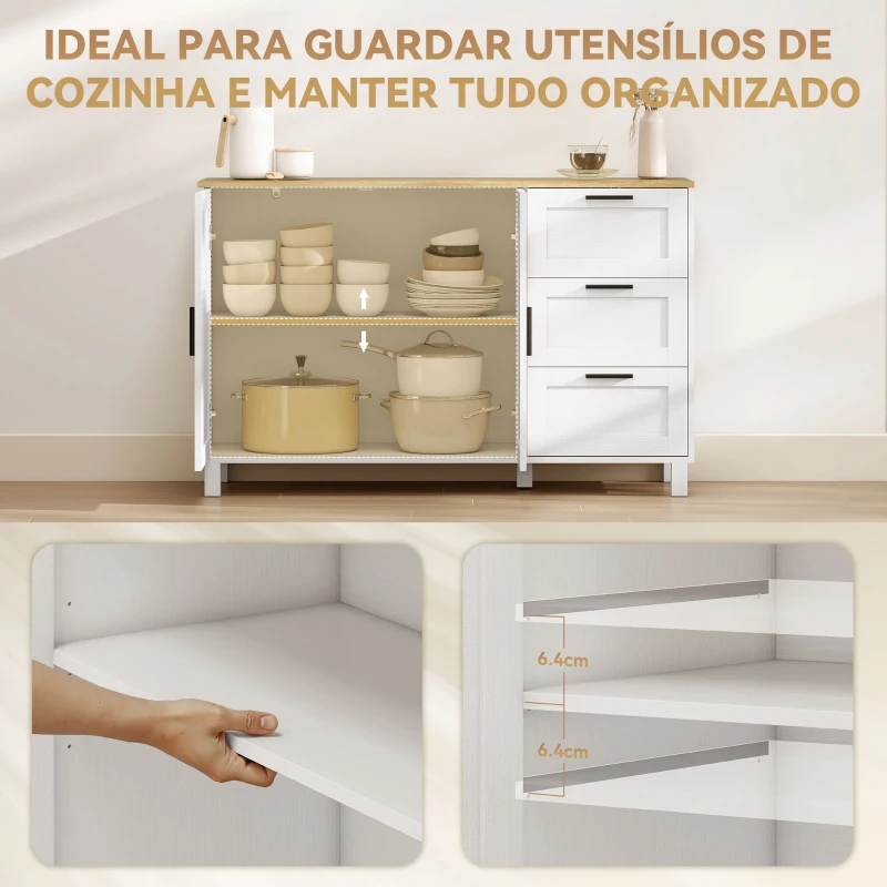 HOMCOM Aparador Moderno para Sala de Estar com 2 Portas e 3 Gavetas Prateleira Ajustável para Sala de Jantar Entrada 120x38x76 cm Branco