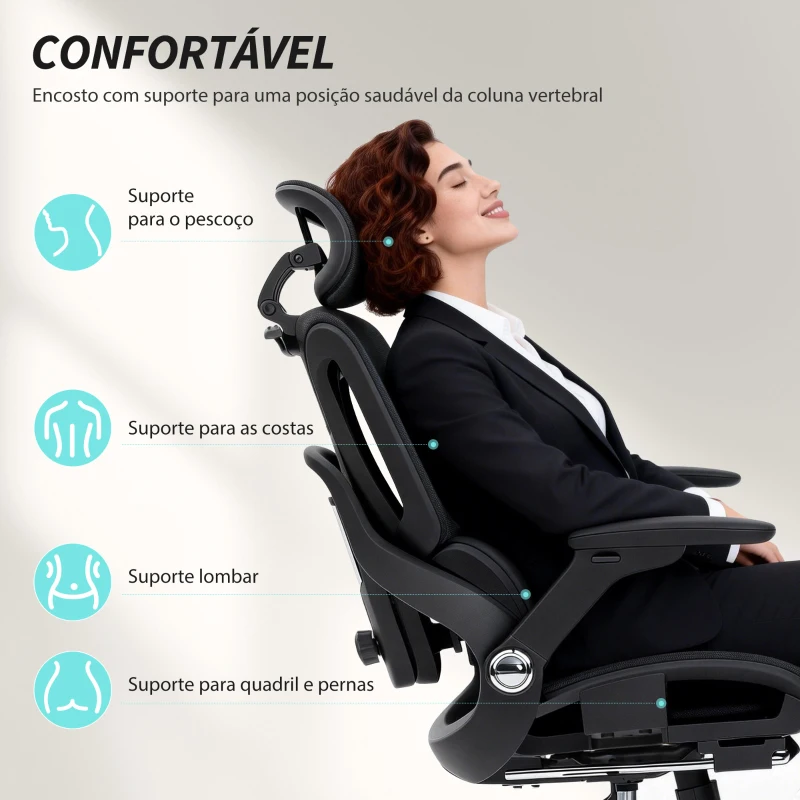 HOMCOM Cadeira de Escritório com Encosto Reclinável e Alto Suporte Lombar Transpirável Apoios de Braço 4D e Encosto de Cabeça Ajustável 67x74x113-132 cm Preto