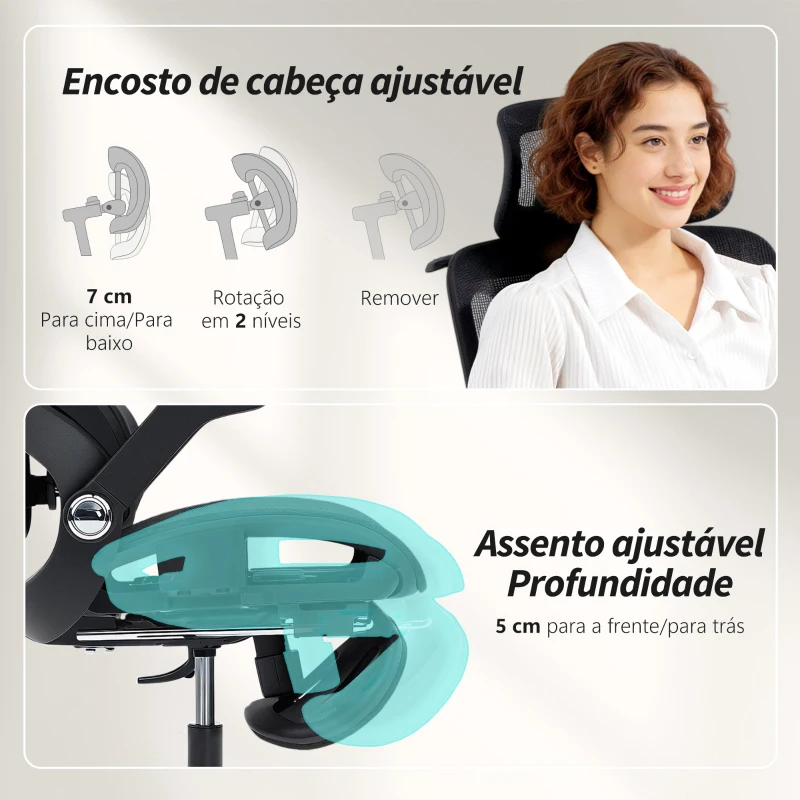 HOMCOM Cadeira de Escritório com Encosto Reclinável e Alto Suporte Lombar Transpirável Apoios de Braço 4D e Encosto de Cabeça Ajustável 67x74x113-132 cm Preto