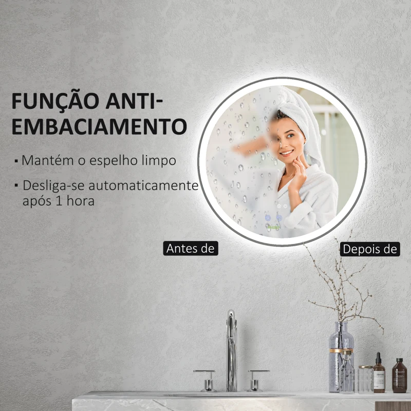 kleankin Espelho de Casa de Banho com Luzes LED Ajustáveis Ø60 cm com Função de Memória Anti-embaciamento e Interrutor Tátil Prata