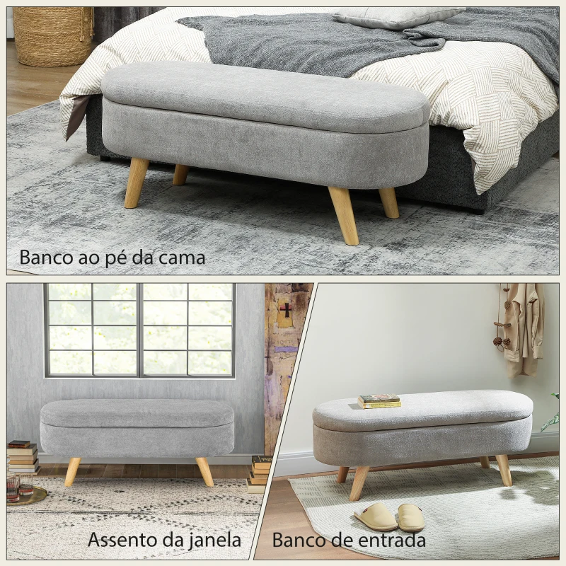 HOMCOM Banco para Pé de Cama Banco de Armazenamento com Pés de Madeira e Assento Acolchoado 110x40x43 cm Cinzento