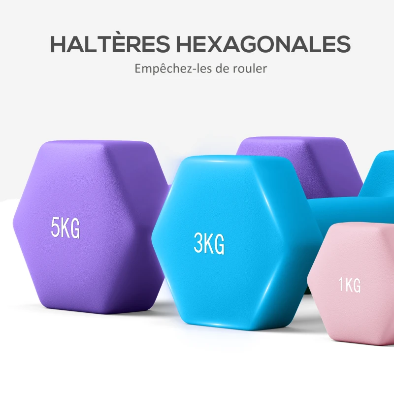 SPORTNOW Lot d'haltères hexagonaux, haltères musculation, 2 x 1 kg, 2 x 3 kg, 2 x 5 kg, avec support convertible d'haltères