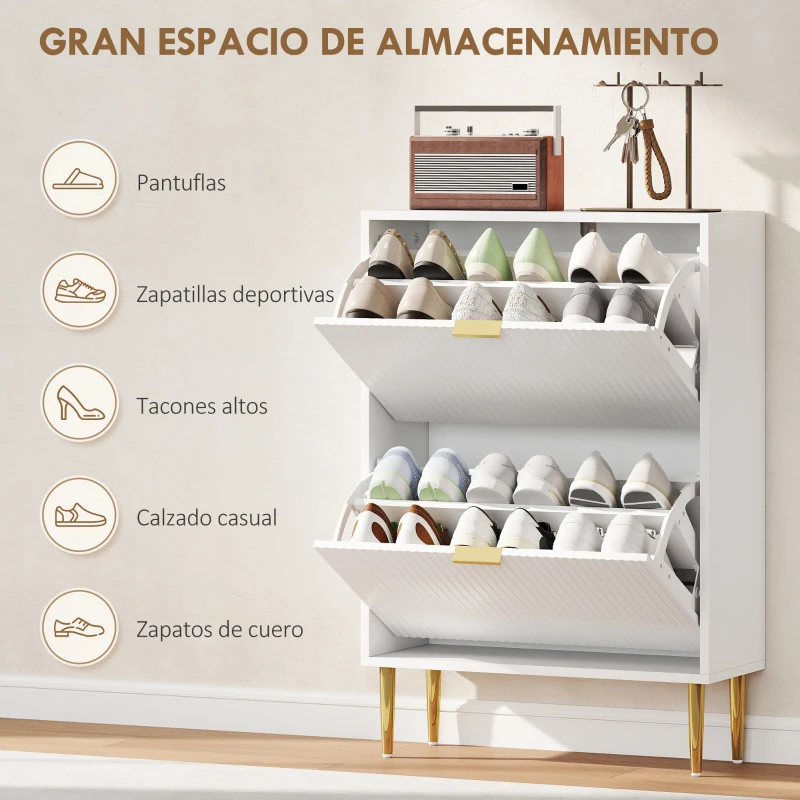 HOMCOM Zapatero Estrecho con 2 Puertas Acanaladas con Estantes Ajustables para 12 Pares de Zapatos 60x24x91,5 cm Blanco