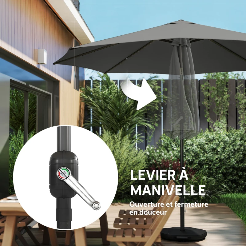 Outsunny Parasol de jardin extérieur rond Ø 3 x 2,5 m parasol droit inclinable Base et Poids Sable, nervure rétractable, Gris Foncé