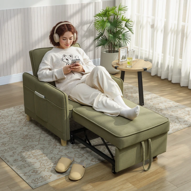 HOMCOM Poltrona Cama Individual 3 em 1 Sofá Cama Dobrável com Encosto Ajustável e Almofada para Sala 74x85,5x82 cm Verde Escuro