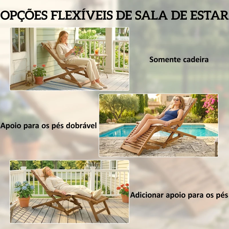Outsunny Espreguiçadeira Dobrável de Madeira de Acácia com Descanso para os Pés Removível e Almofada com Apoio de Cabeça 158x61x70 cm Bege
