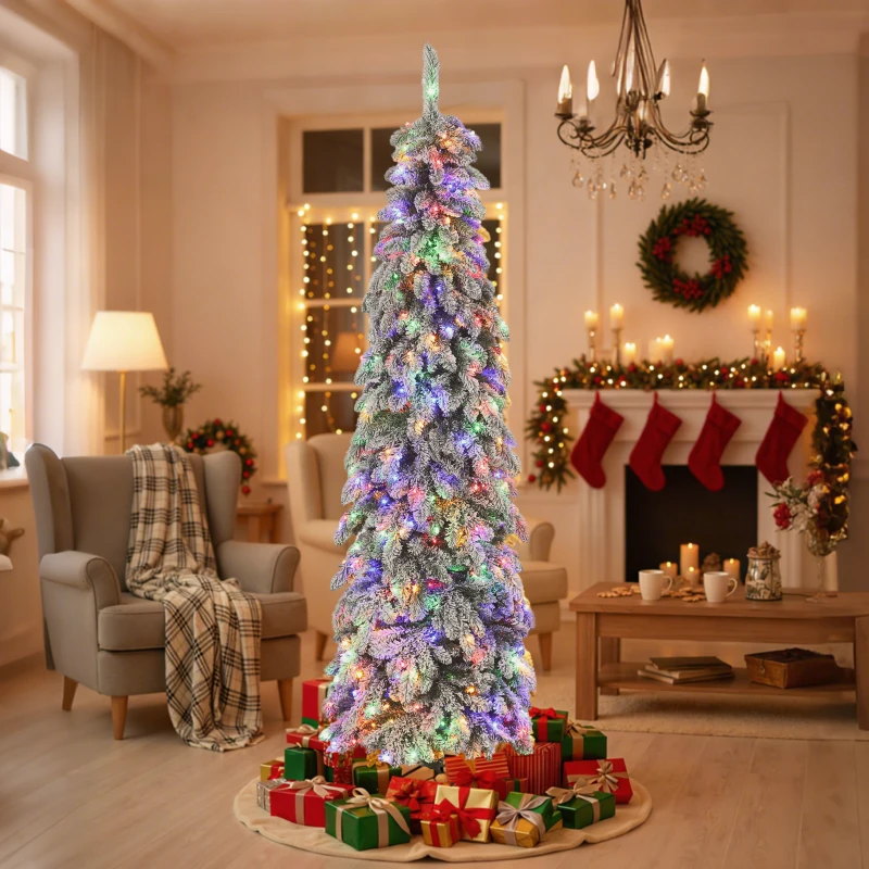 HOMCOM Árvore de Natal Estreita 225 cm Árvore de Natal Nevada com Luzes LED Temporizador 11 Modos de Iluminação Verde