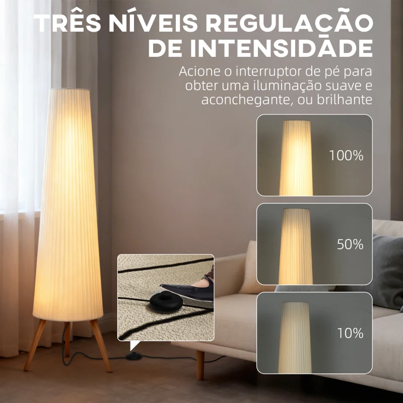HOMCOM Candeeiro de Pé com Tripé Brilho Ajustável 3 Níveis Interruptor de Pé Pernas de Madeira e Ecrã de Tecido 46x46x153 cm Branco