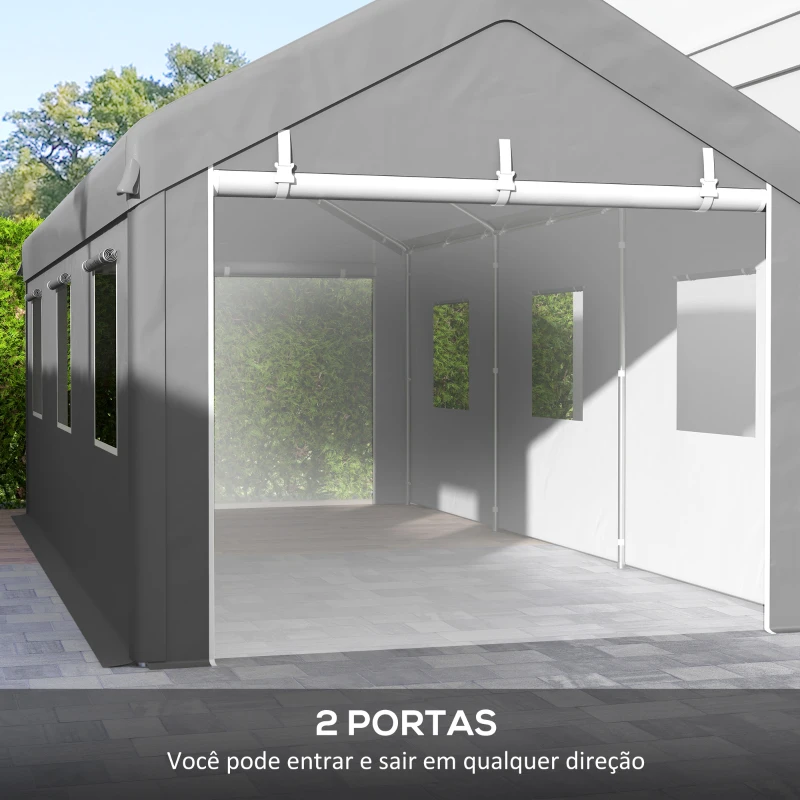 Outsunny Tenda Garagem 295x600x278 cm Tenda de Exterior Resistente com 2 Portas Enroláveis e 6 Janelas Cinzento